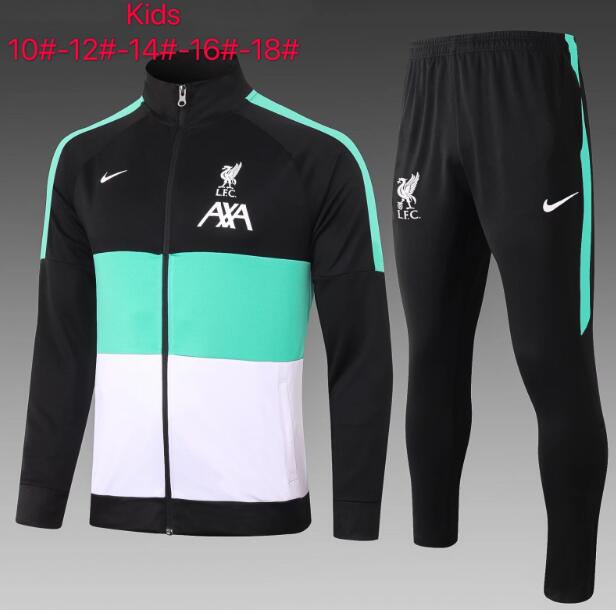 Kids Liverpool Black Green Jacket and Pants Training Kits 2020/21